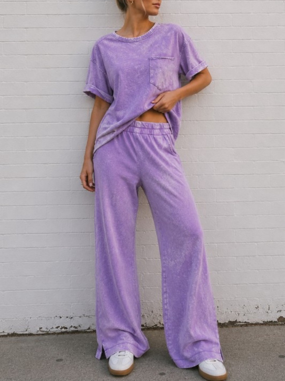 Lavender Mineral Wash Short Sleeve Pocket Top and Bottoms